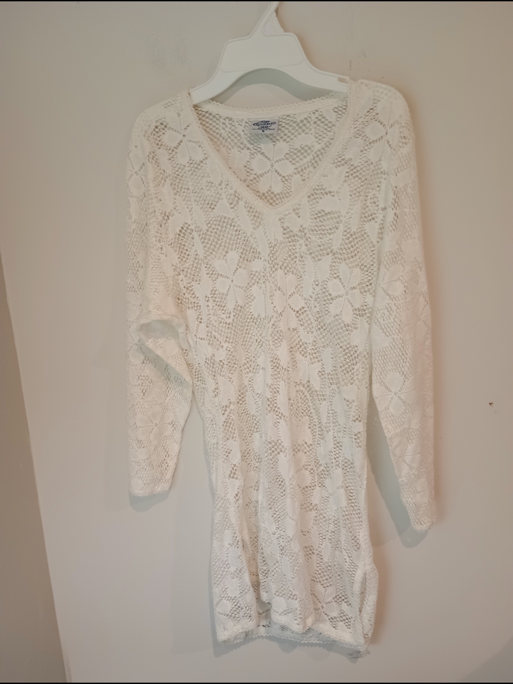 Vtg Cottonseed White Crochet Lace Mini Dress Floral Sheer Boho Cover Up Small